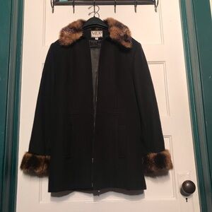 Vintage Mario De Pinto Wool-Blend Black Coat with Faux Fur Trim Made in U.S.A.